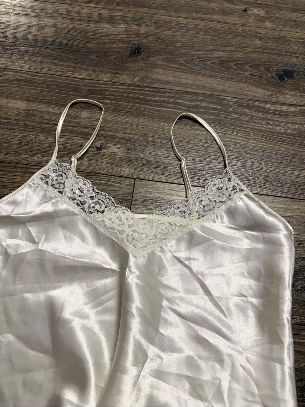 90s/Y2K European Vintage Satin Mini Slip Dress Lace Trim (Ivory) Size Medium